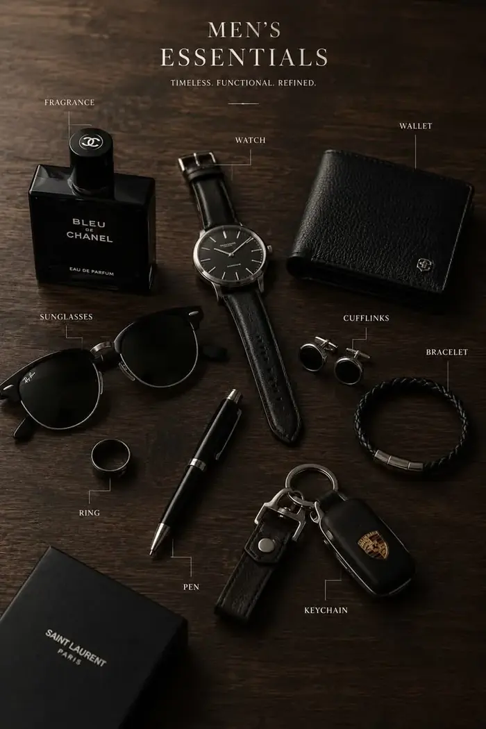 Pack homme : montre, portefeuille, lunettes, bracelet, parfum